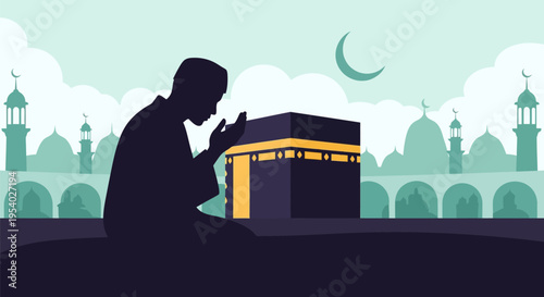 Flat vector illustration of a Muslim man silhouette praying in front of the Kaaba in Mecca, with mosque architecture, minarets, and a crescent moon under a soft cloudy sky background.