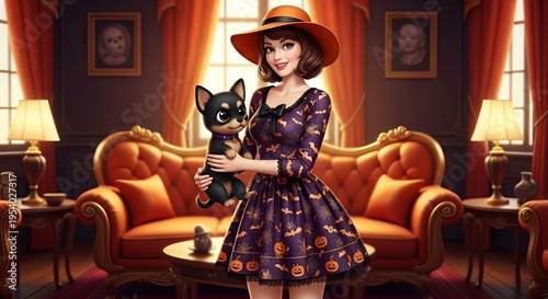 Woman in Halloween dress holding black dog in vintage living room  