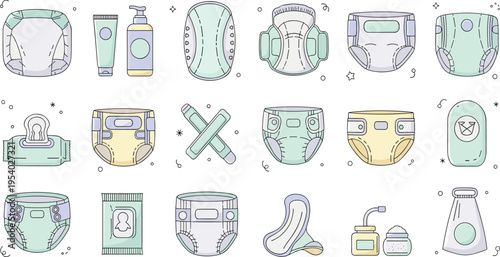 Baby Diapers and Hygiene Products Vector Set with Disposable Nappies Wipes Cream Bottles and Infant Care Essentials for Nursery Design Illustration.