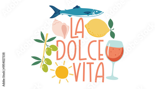 La Dolce Vita illustration with fish, lemon, and wine glass