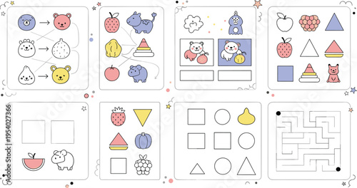 Kids Learning Worksheets Vector Set with Matching Shapes Animals Fruits Puzzles and Maze Activities for Preschool Education and Early Childhood Development Design.