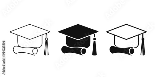 Academic Graduation Cap and Scrolls Icon Set - University Achievement Degree Vector