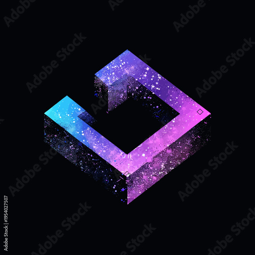 Abstract geometric 3 d shape with gradient colors and sparkling effect on dark background