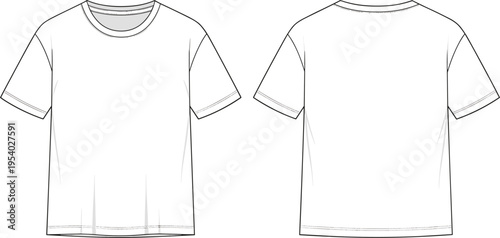 Blank white t-shirt technical fashion flat sketch with crew neck and short sleeves showing front and back views for apparel design mockup vector.