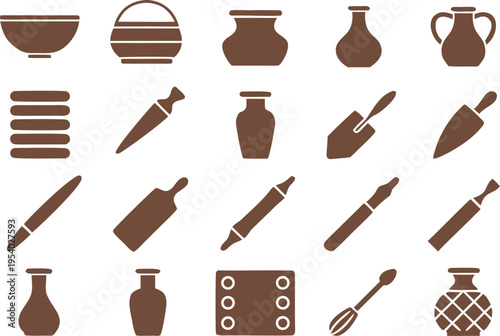 Set of various brown pottery and ceramic crafting tools displayed as flat graphic vector icons