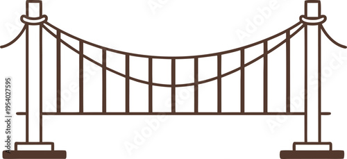 A minimalist brown line art illustration of a classic suspension bridge with two tall support towers