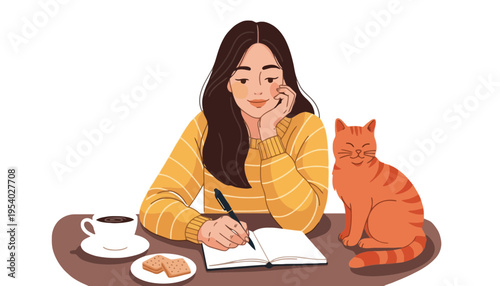 A woman writes in a notebook with her cat and coffee nearby