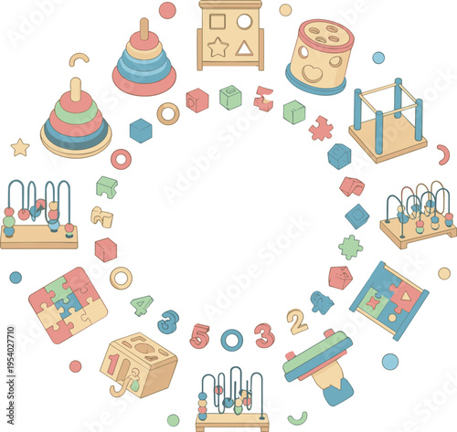 Baby Educational Toys Circular Frame with Blocks Puzzles Stacking Rings and Learning Games for Kids Development Illustration and Nursery Design.