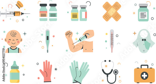 Baby Vaccination and Medical Equipment Vector Set with Syringe Vaccine Bandage Thermometer Stethoscope and Healthcare Elements for Pediatric Care Illustration.