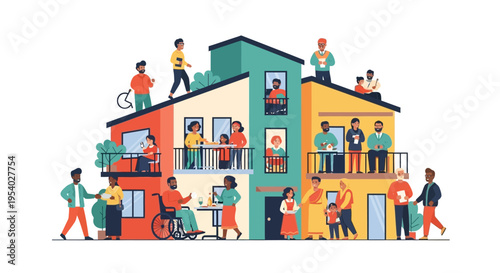 Diverse Community Living in a Modern Apartment Building. People of All Ages, Ethnicities, and Abilities Interacting in a Vibrant Urban Neighborhood.