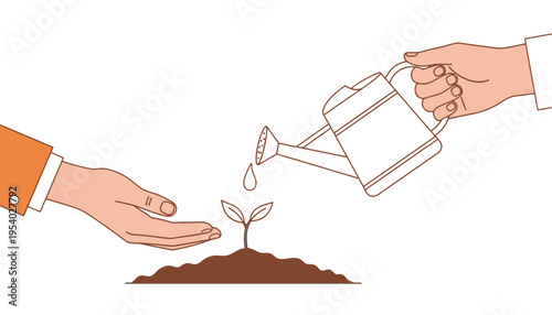 A hand watering a small plant with a watering can illustration