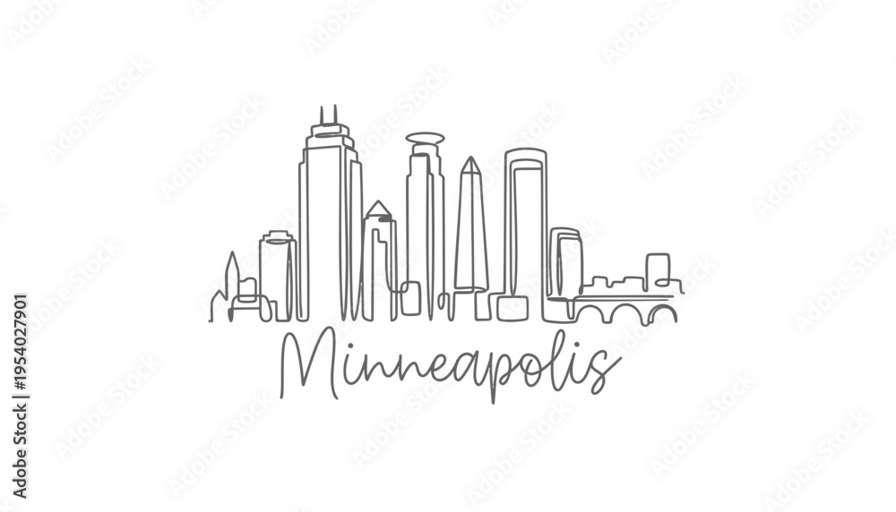 Fototapeta premium Minneapolis city skyline vector illustration with iconic buildings and bridge