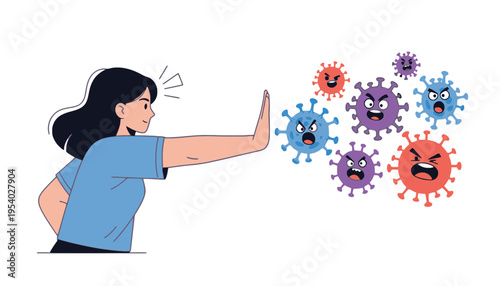 A woman pushing away cartoon virus illustrations with her hand