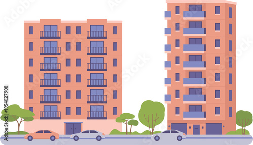 Modern Flat Vector Illustration of Residential Apartment Buildings With City Cars and Green Street Trees.