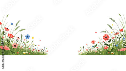Beautiful floral border with various wildflowers and long green grasses growing along the bottom edge of the frame.