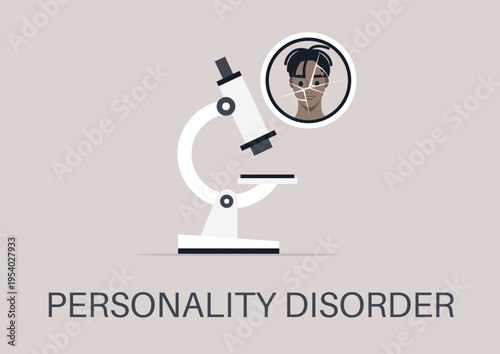 A microscope sits prominently, symbolizing the examination of personality disorders in psychology, The artwork combines science and mental health, reflecting deep exploration.