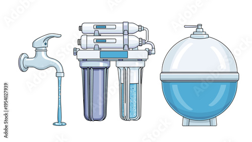 Professional water filtration system components including faucet storage tank and reverse osmosis filter canisters.