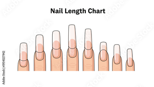 Professional nail length chart for manicures showing various extension sizes on human fingers for salon reference.
