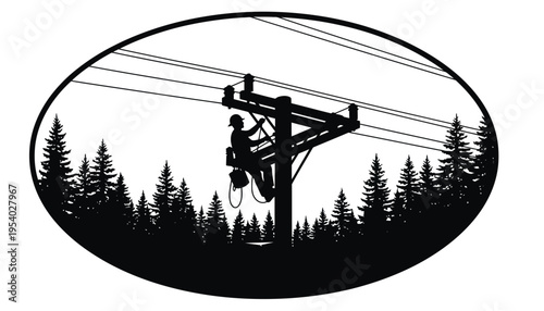 Electrician silhouette working on power lines in a forest