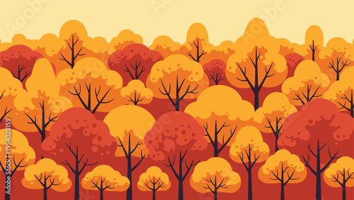Beautiful autumn forest landscape illustration with stylized trees in vibrant shades of orange red and yellow under warm sky.