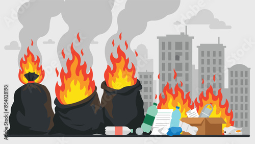 Urban pollution scene showing black garbage bags on fire with smoke rising in front of city buildings representing waste disposal issues.