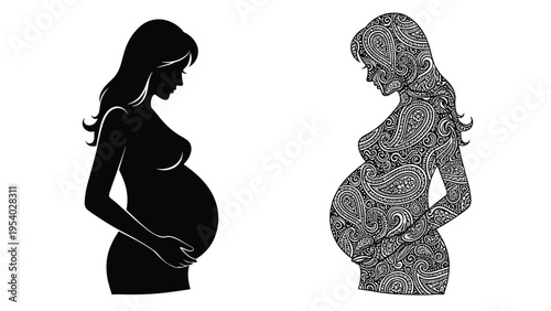 Artistic comparison between solid black silhouette of pregnant woman and version filled with intricate paisley and floral patterns.