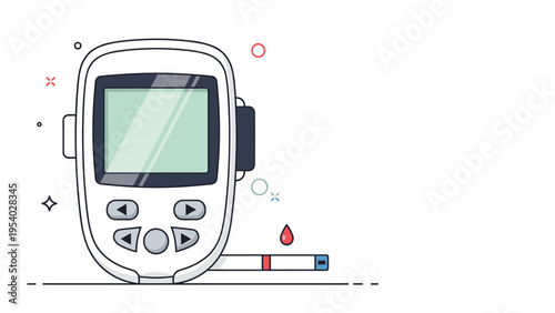 Medical device for blood glucose monitoring showing digital meter with test strip and single drop of blood for diabetes management.