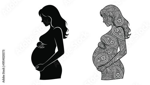Creative illustration of pregnant woman in profile shown as solid black silhouette and mirrored with detailed decorative paisley design.