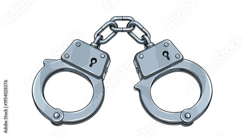 Professional illustration of steel metal handcuffs with chain links shown against white background symbolizing law enforcement and arrest.