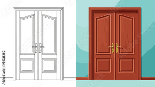 Architectural illustration showing line drawing and realistic colored version of double wooden doors with brass handles for home design.