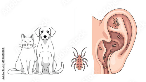 Detailed illustration of common household pets alongside a parasitic ear mite and its infestation within the inner ear canal.