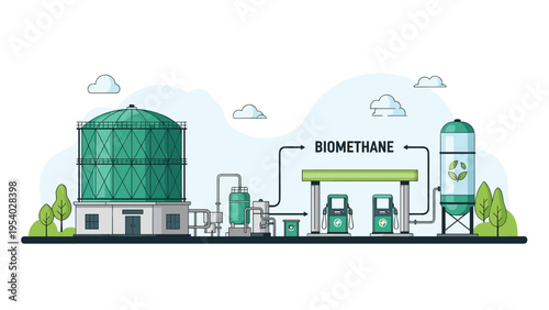 Industrial illustration of a biomethane production facility and a green refueling station for sustainable alternative energy.