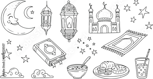 A collection of hand-drawn Islamic elements for Ramadan and Eid celebrations