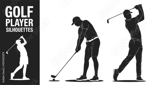 Detailed Black and White Vector Silhouettes Featuring Male Golf Players in Various Action Swing Poses