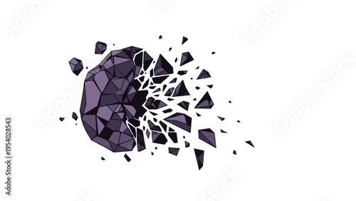 Dynamic illustration of a dark purple geometric crystal fragmenting into small shards and pieces against a white background.