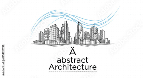 Perspective city skyline illustration with dynamic blue motion lines and abstract architecture text for urban branding design projects.