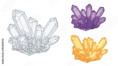 Trio of colorful crystal clusters featuring transparent quartz, purple amethyst, and golden citrine mineral specimens.