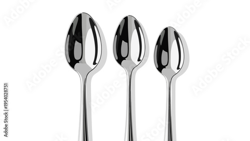 Overhead view of three shiny stainless steel spoons of different sizes displayed on a clean white background for contrast.