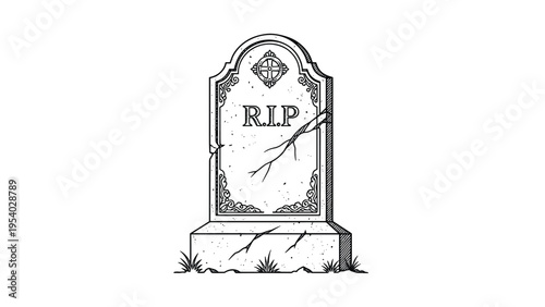 Detailed line art drawing of an old stone gravestone with cracks and the text RIP for a cemetery or memorial theme.