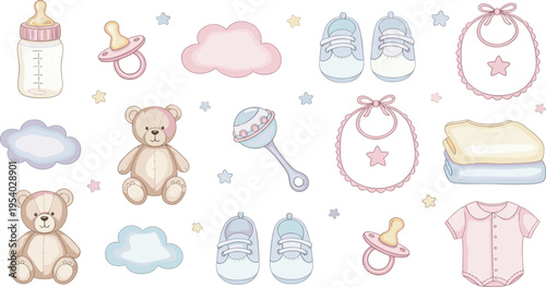 Cute Baby Essentials Vector Set with Bottle Pacifier Teddy Bear Clothes Bib Shoes and Nursery Items for Newborn Care Illustration and Design.