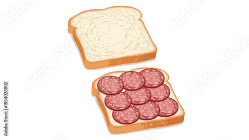 Visual guide to making a salami sandwich showing two slices of fresh bread with one side covered in meat slices.