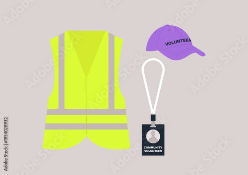A vibrant yellow vest accompanies a purple cap and ID badge, symbolizing community spirit and volunteer dedication during an outdoor event in the neighborhood on a weekend