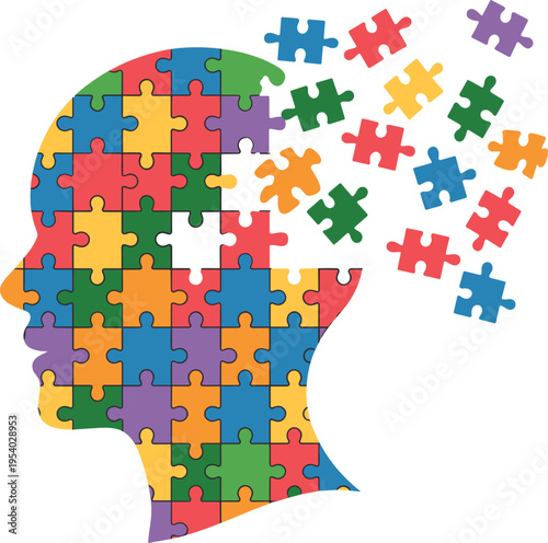 Profile of human head silhouette composed of vibrant puzzle pieces dispersing into a cognitive mosaic background.