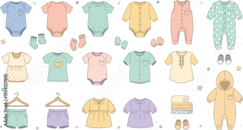 Baby Clothes Collection Vector Set with Bodysuits Rompers Shirts Dresses Pajamas and Accessories for Newborn Wardrobe Design and Nursery Illustration.