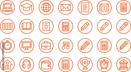 A collection of orange line art icons representing various educational and professional activities