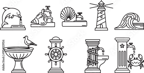 Illustrations of nautical-themed objects and marine life Vector