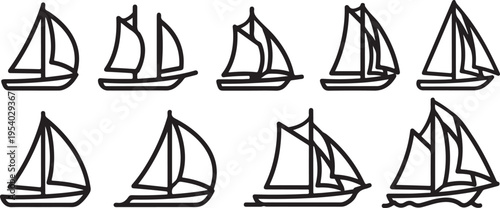 A collection of various sailboat designs and styles in a simple line art format. Vector