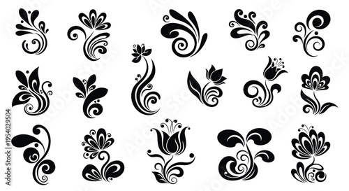 A collection of various stylized and decorative swirl designs in black and white