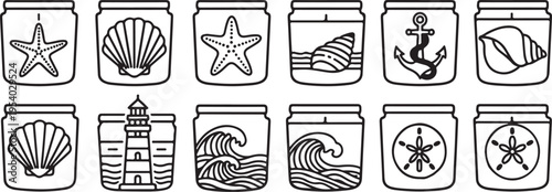 Assorted jars with nautical and beach-themed illustrations on their labels Vector