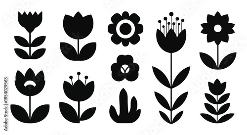 A collection of various stylized flower illustrations in black and white